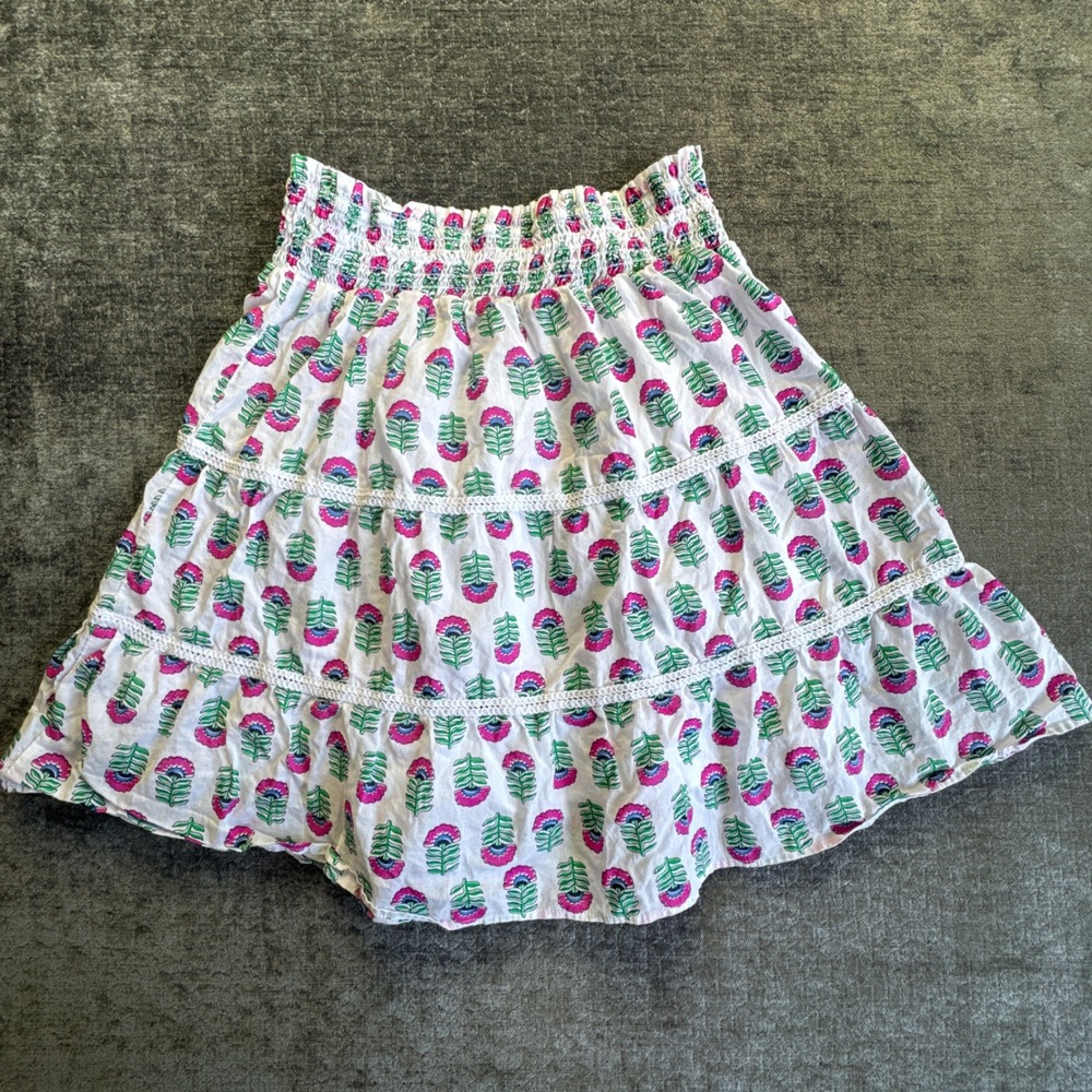 J.Crew Tiered‎ Mini Skirt Womens XS White Pink Block Print Cotton Smocked Waist